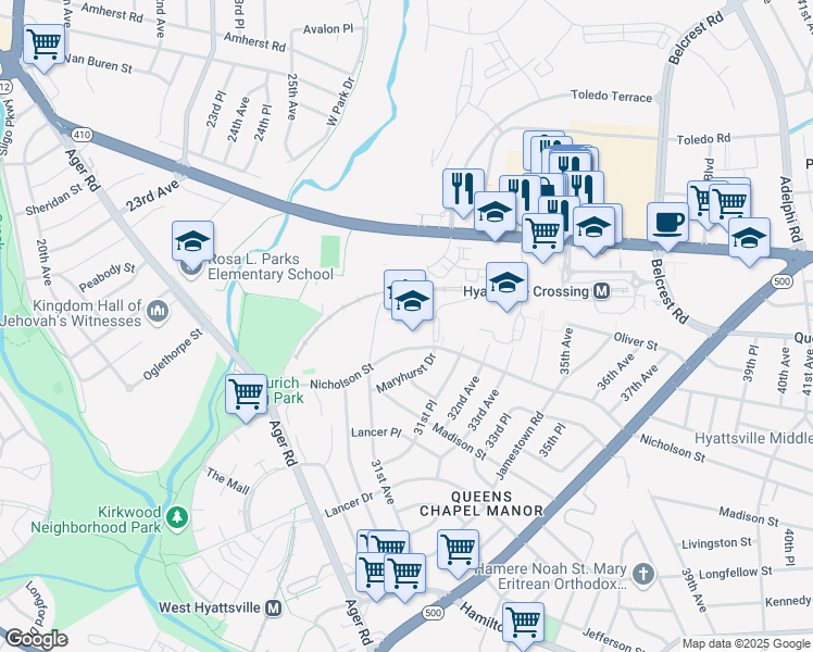 map of restaurants, bars, coffee shops, grocery stores, and more near 3120 Nicholson Street in Hyattsville