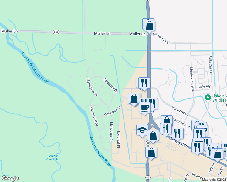 map of restaurants, bars, coffee shops, grocery stores, and more near 1764 Ironwood Dr in Minden