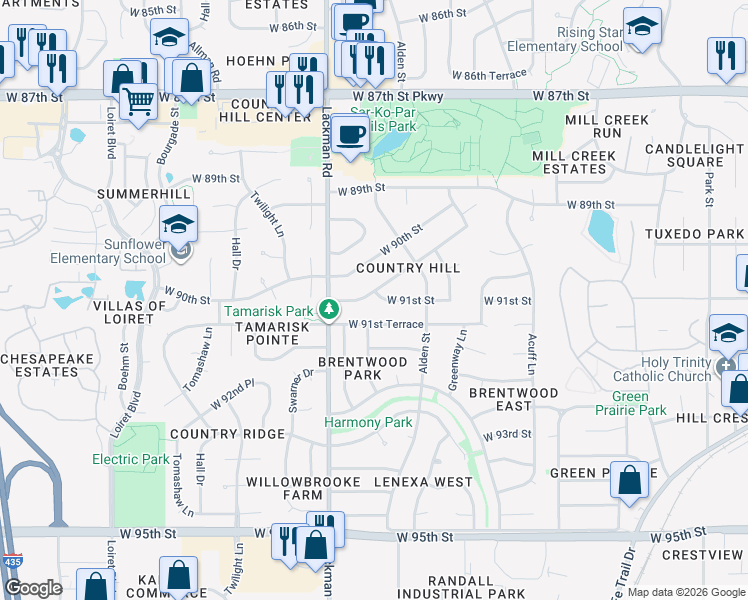map of restaurants, bars, coffee shops, grocery stores, and more near 14909 West 90th Terrace in Lenexa
