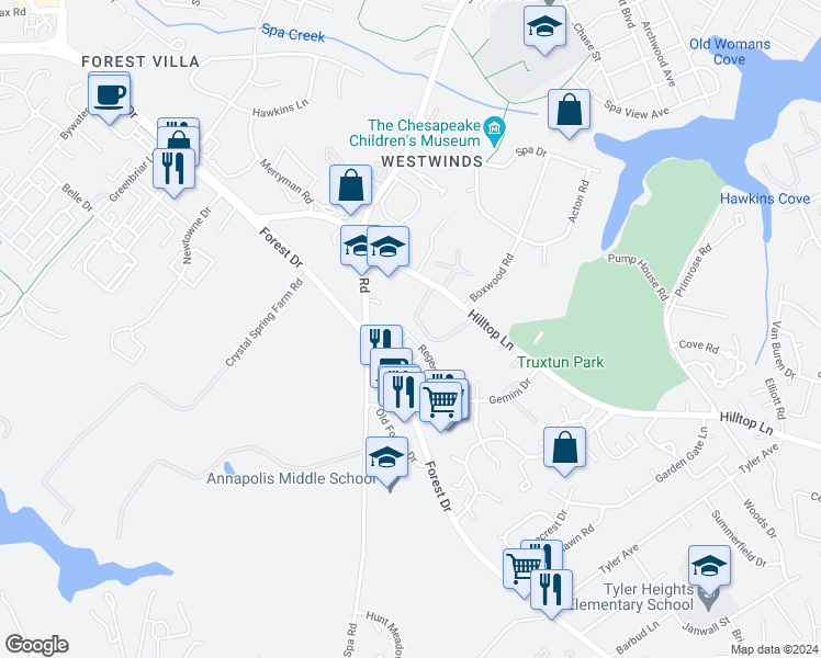 map of restaurants, bars, coffee shops, grocery stores, and more near 1426 Regent Street in Annapolis