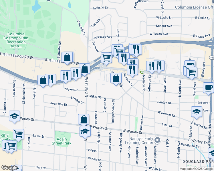 map of restaurants, bars, coffee shops, grocery stores, and more near 1004 Clayton Street in Columbia