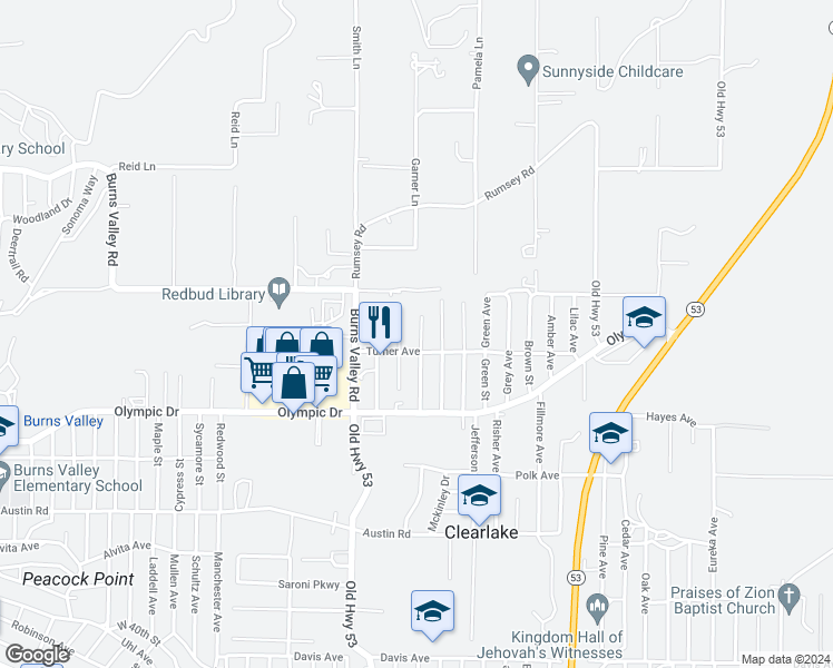 map of restaurants, bars, coffee shops, grocery stores, and more near 3327 Emerson Street in Clearlake