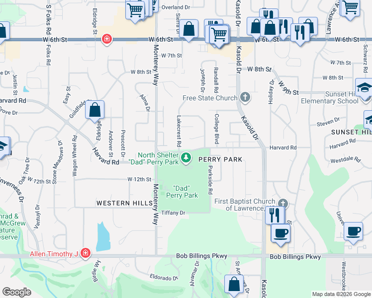 map of restaurants, bars, coffee shops, grocery stores, and more near 3616-3620 Harvard Road in Lawrence