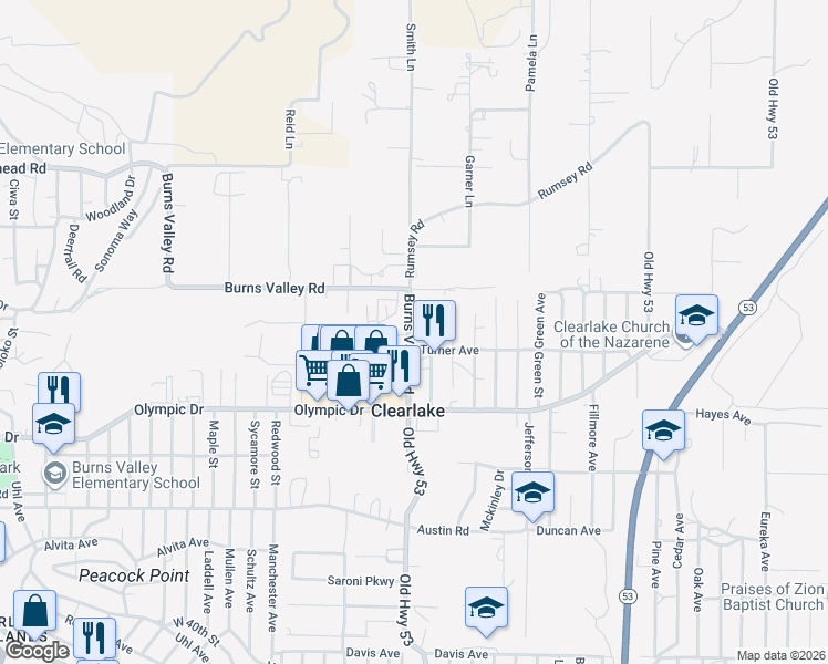 map of restaurants, bars, coffee shops, grocery stores, and more near 14944 Burns Valley Road in Clearlake