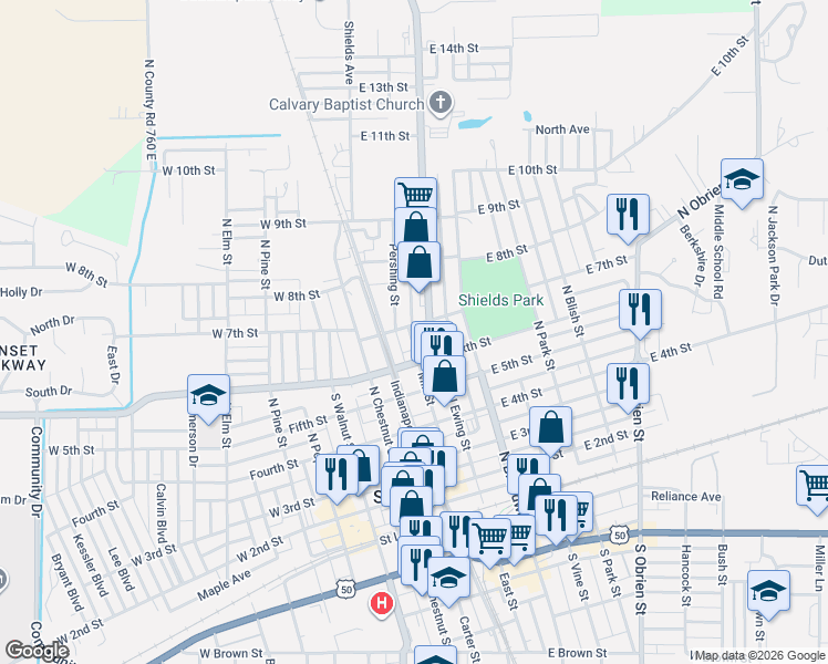 map of restaurants, bars, coffee shops, grocery stores, and more near 622 Mill Street in Seymour