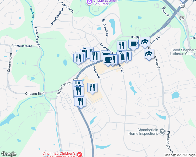 map of restaurants, bars, coffee shops, grocery stores, and more near 9021 Braxton Drive in Union