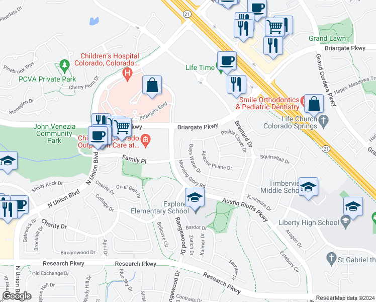map of restaurants, bars, coffee shops, grocery stores, and more near 4199 Bays Water Drive in Colorado Springs