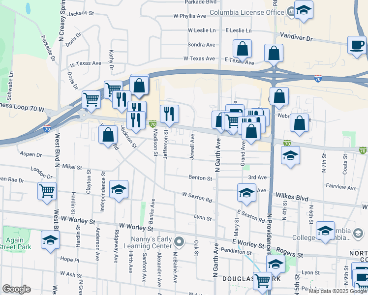 map of restaurants, bars, coffee shops, grocery stores, and more near 206 Highview Avenue in Columbia