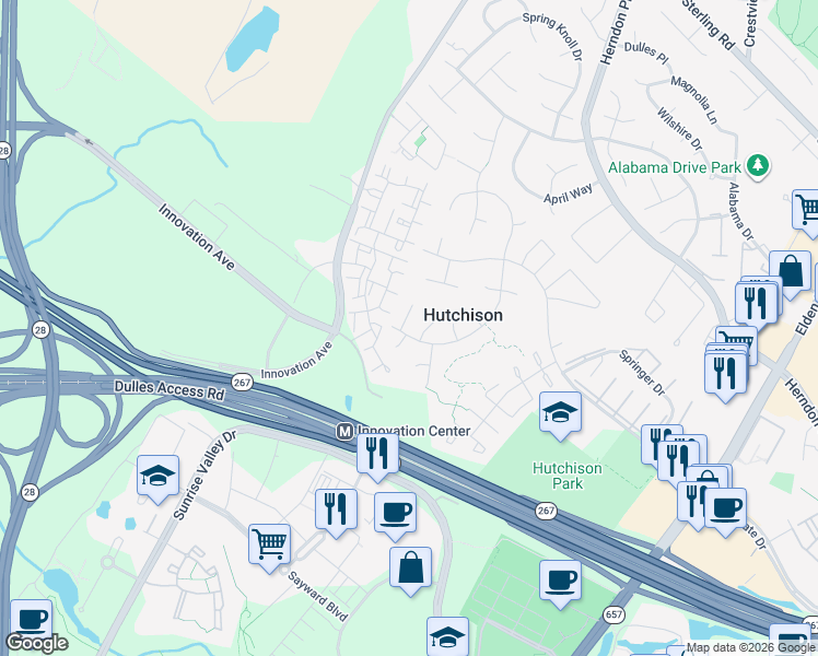 map of restaurants, bars, coffee shops, grocery stores, and more near 2159 Seaman Court in Herndon