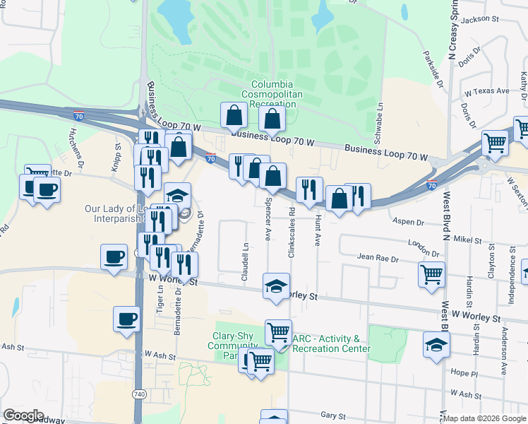 map of restaurants, bars, coffee shops, grocery stores, and more near 905 Spencer Avenue in Columbia