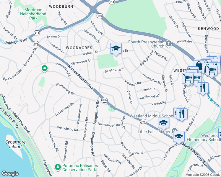 map of restaurants, bars, coffee shops, grocery stores, and more near 5900 Osceola Road in Bethesda