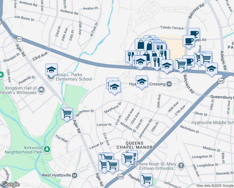 map of restaurants, bars, coffee shops, grocery stores, and more near 6101 Editors Park Drive in Hyattsville