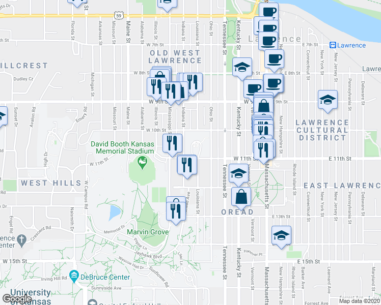 map of restaurants, bars, coffee shops, grocery stores, and more near 185 College Dr P in Lawrence