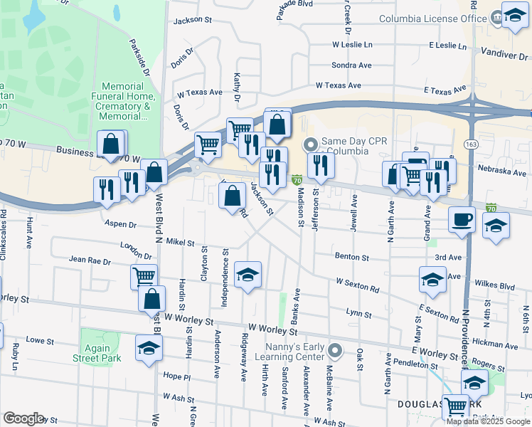 map of restaurants, bars, coffee shops, grocery stores, and more near 602 Jackson Street in Columbia