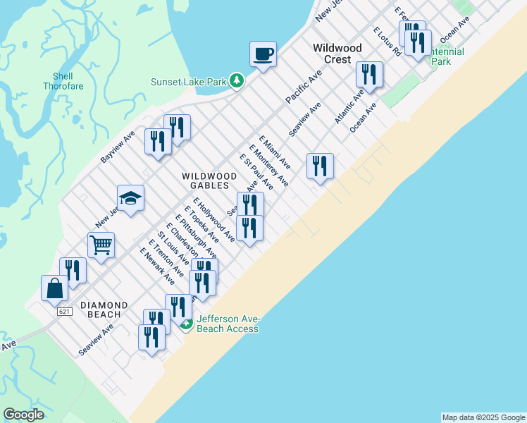 map of restaurants, bars, coffee shops, grocery stores, and more near 401 East Denver Avenue in Wildwood