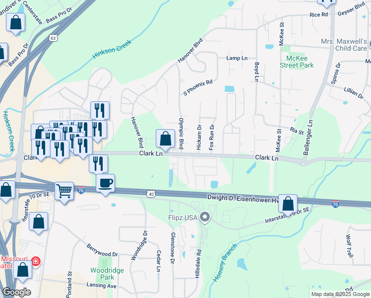 map of restaurants, bars, coffee shops, grocery stores, and more near 1301-1303 Hickam Drive in Columbia