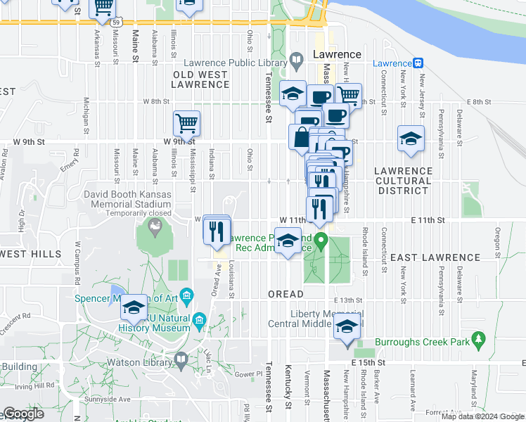 map of restaurants, bars, coffee shops, grocery stores, and more near 1045 Tennessee Street in Lawrence