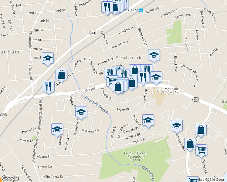 map of restaurants, bars, coffee shops, grocery stores, and more near 9343 Annapolis Road in Lanham