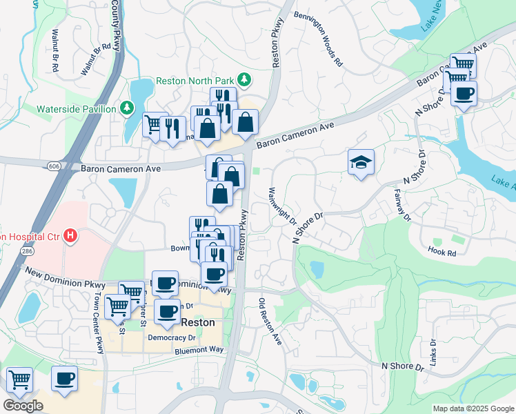 map of restaurants, bars, coffee shops, grocery stores, and more near 1729 Ascot Way in Reston