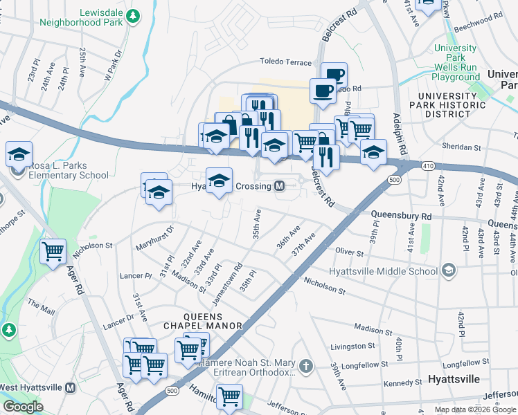 map of restaurants, bars, coffee shops, grocery stores, and more near Oliver St & 35th Ave in Hyattsville