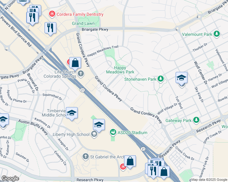 map of restaurants, bars, coffee shops, grocery stores, and more near 9108 Lizard Rock Trail in Colorado Springs