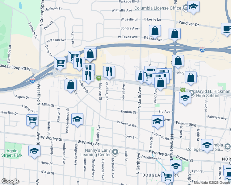 map of restaurants, bars, coffee shops, grocery stores, and more near 206 Highview Avenue in Columbia