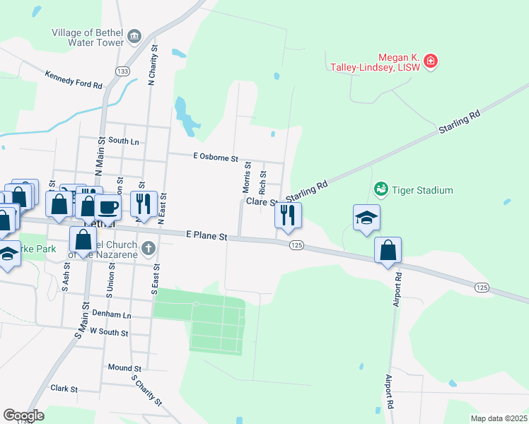 map of restaurants, bars, coffee shops, grocery stores, and more near 112 Rich Street in Bethel