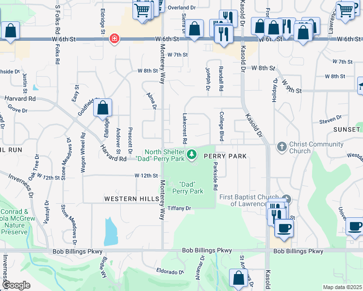 map of restaurants, bars, coffee shops, grocery stores, and more near 3700 Harvard Road in Lawrence