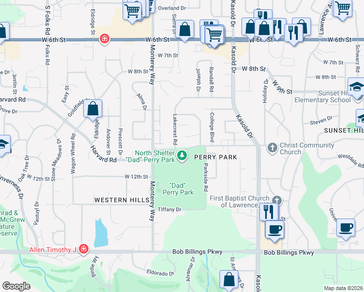 map of restaurants, bars, coffee shops, grocery stores, and more near 3616 Harvard Road in Lawrence
