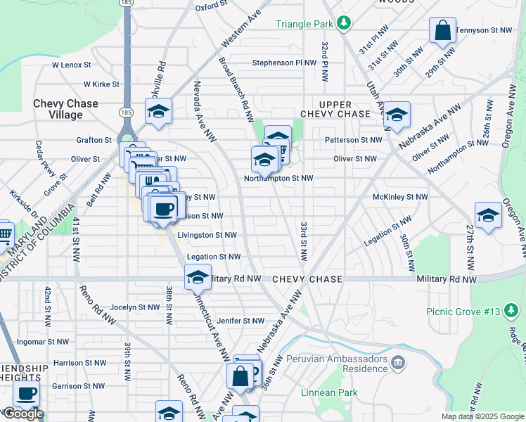 map of restaurants, bars, coffee shops, grocery stores, and more near 3421 Morrison Street Northwest in Washington