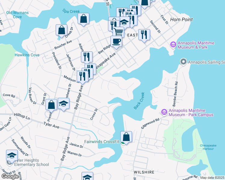 map of restaurants, bars, coffee shops, grocery stores, and more near 640 Americana Drive in Annapolis
