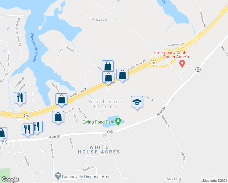 map of restaurants, bars, coffee shops, grocery stores, and more near 230 Hess Road in Grasonville