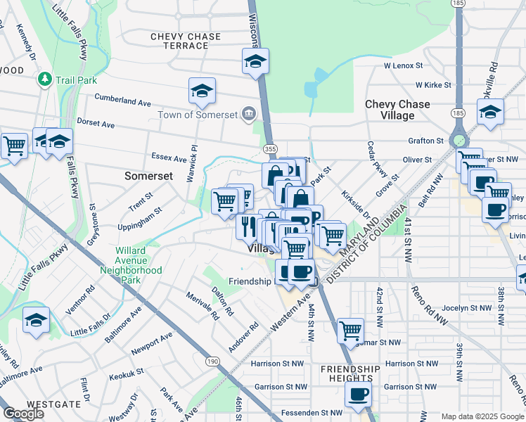 map of restaurants, bars, coffee shops, grocery stores, and more near 5555 Friendship Boulevard in Chevy Chase
