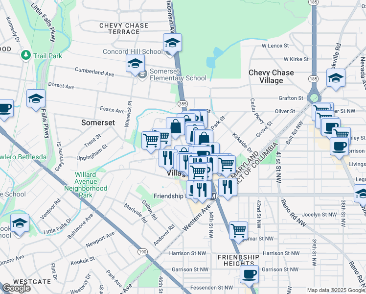 map of restaurants, bars, coffee shops, grocery stores, and more near 5555 The Hills Plaza in Chevy Chase