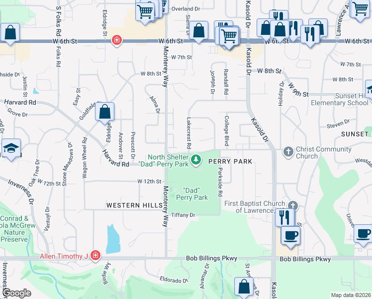 map of restaurants, bars, coffee shops, grocery stores, and more near 3616-3620 Harvard Road in Lawrence