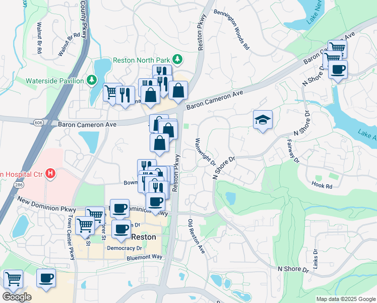 map of restaurants, bars, coffee shops, grocery stores, and more near 1725 Ascot Way in Reston