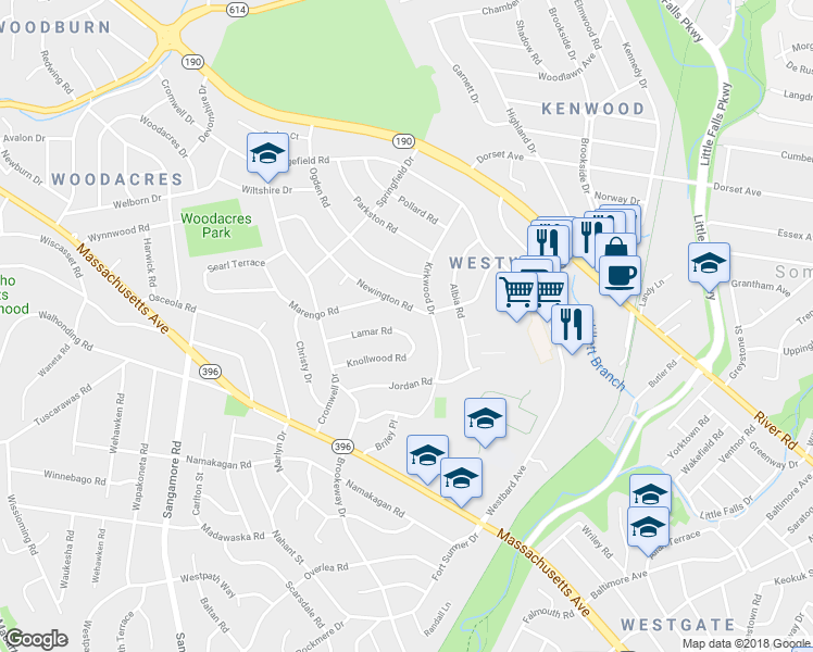 map of restaurants, bars, coffee shops, grocery stores, and more near 5607 Lamar Road in Bethesda