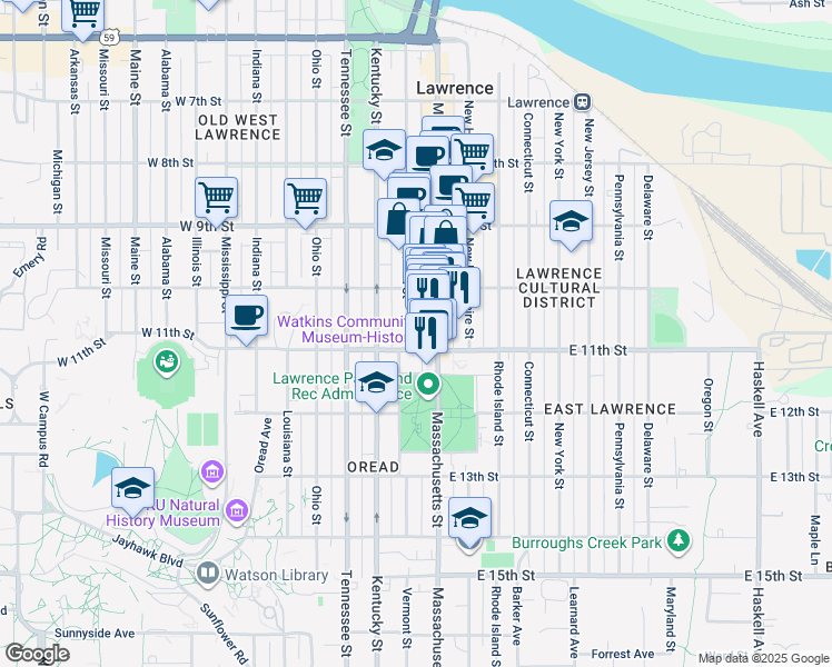 map of restaurants, bars, coffee shops, grocery stores, and more near 1040 Vermont Street in Lawrence