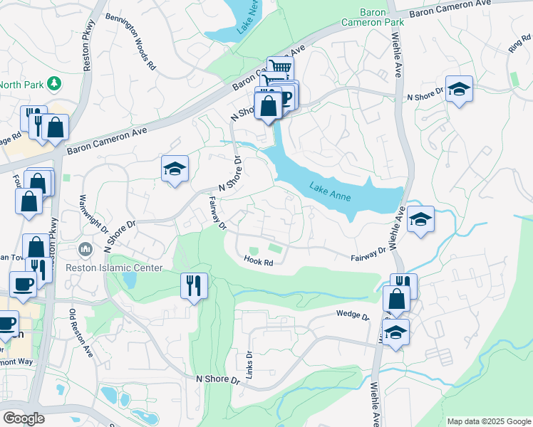 map of restaurants, bars, coffee shops, grocery stores, and more near 1601 Apricot Court in Reston