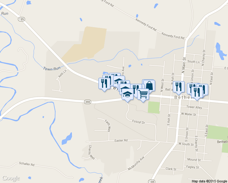 map of restaurants, bars, coffee shops, grocery stores, and more near 621 W Plane St in Bethel