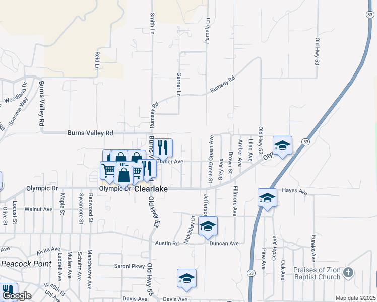 map of restaurants, bars, coffee shops, grocery stores, and more near 3341 Jackson Street in Clearlake
