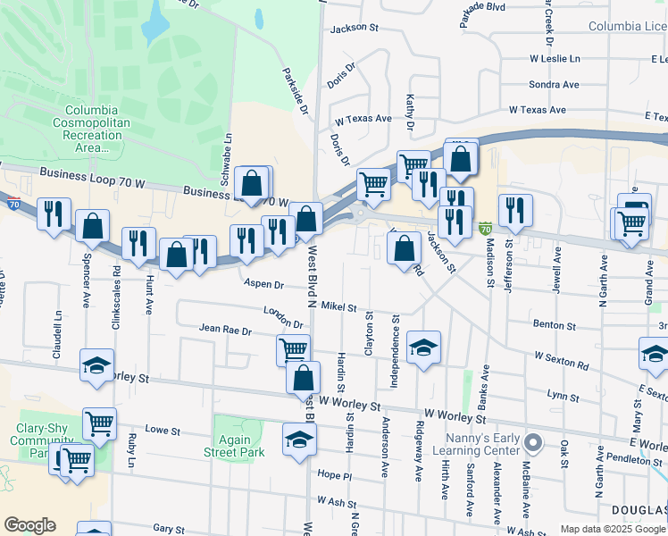 map of restaurants, bars, coffee shops, grocery stores, and more near 1000 West Boulevard North in Columbia