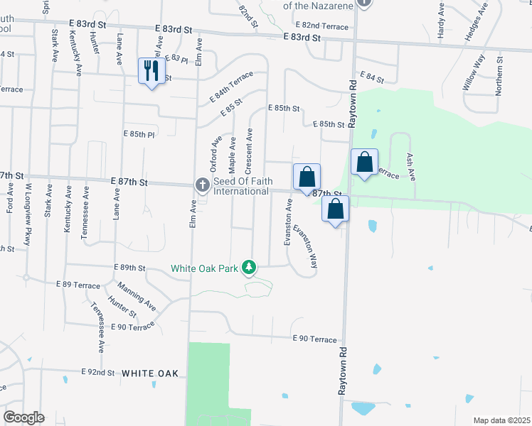 map of restaurants, bars, coffee shops, grocery stores, and more near 8735 Arlington Avenue in Raytown