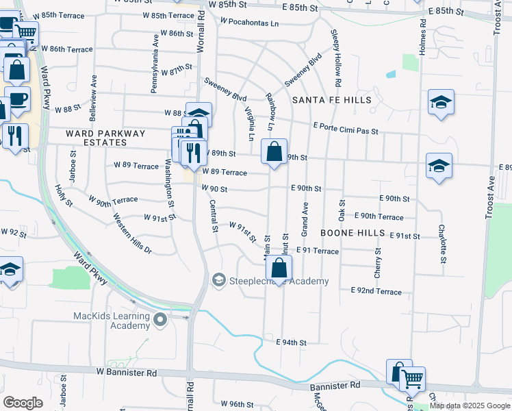 map of restaurants, bars, coffee shops, grocery stores, and more near 6 West 90th Terrace in Kansas City