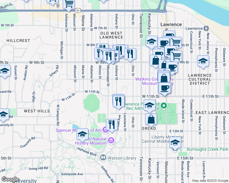 map of restaurants, bars, coffee shops, grocery stores, and more near 185 College Dr P in Lawrence