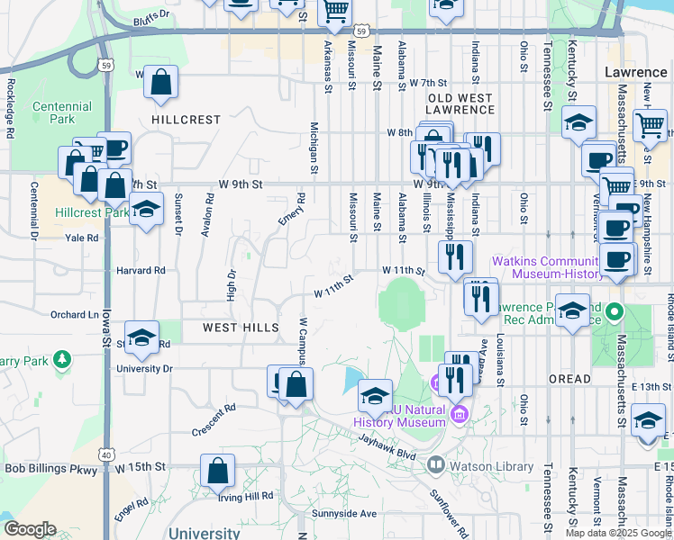 map of restaurants, bars, coffee shops, grocery stores, and more near in Lawrence