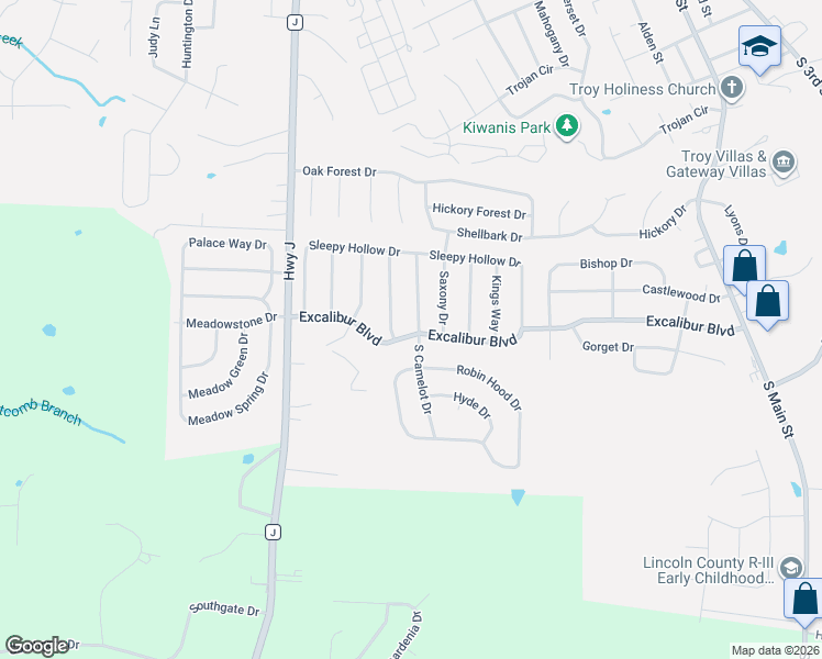 map of restaurants, bars, coffee shops, grocery stores, and more near 260 Excalibur Boulevard in Troy