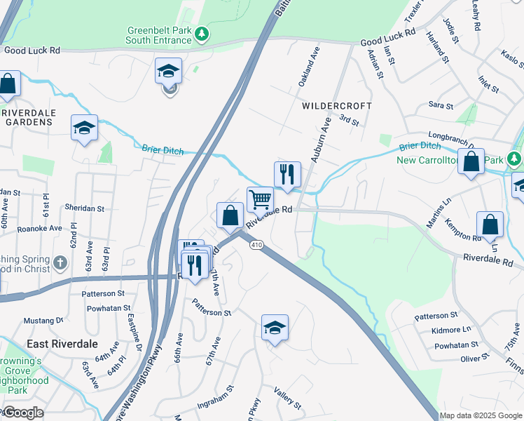 map of restaurants, bars, coffee shops, grocery stores, and more near 6809 Riverdale Road in East Riverdale