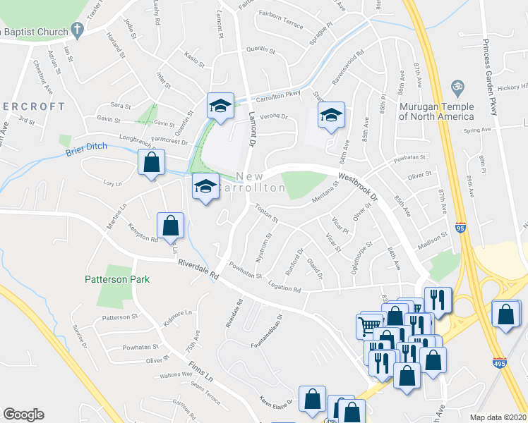 map of restaurants, bars, coffee shops, grocery stores, and more near Topton St & Mentana St in New Carrollton