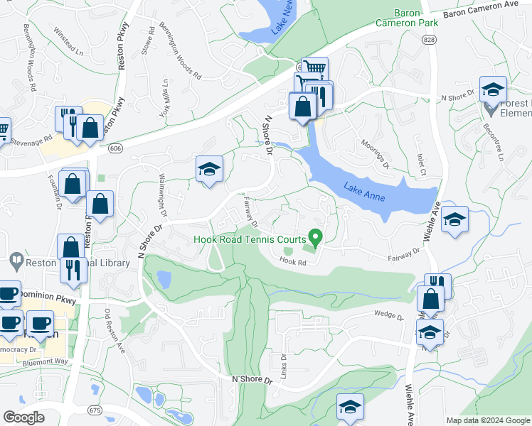 map of restaurants, bars, coffee shops, grocery stores, and more near 11508 Waterhaven Court in Reston